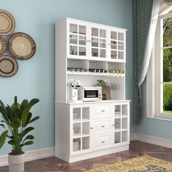 White Wood 47.2 in. W Food Pantry Cabinet, Storage Cabinet, Sideboard with 3 Drawers, 4 Cabinet and Wine Rack
