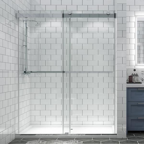 ExBrite 56-60 in. W x 74 in. H Sliding Semi Frameless Shower Door in Chrome Finish with Clear Glass