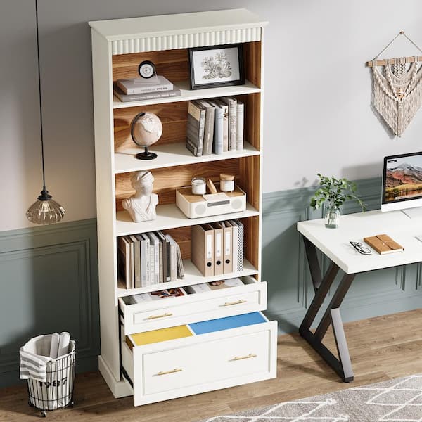 Atencio 2-Drawer White Wood 31 in. W Vertical File Cabinet Bookshelf with 5-Tier Storage for Letter Size, Printer Stand