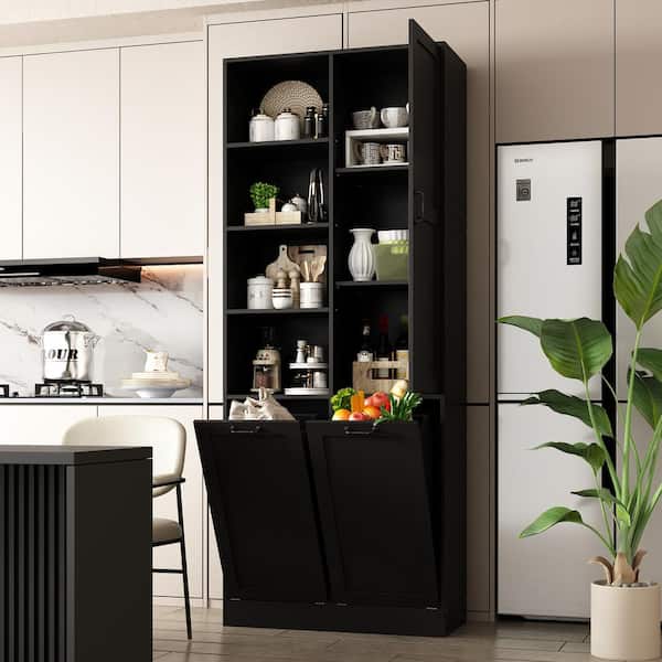 FUFU&GAGA Black Wood 31.5 in. W Buffet Kitchen Cabinet Storage Cabinet with Adjustable Shelves and Flip Storage for Garbage Bin