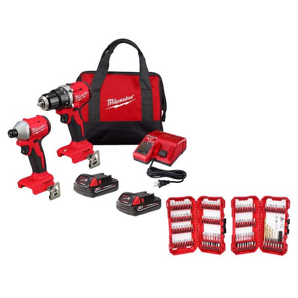 Milwaukee M18 18V Lith-Ion Brushless Cordless Compact Drill/Impact Combo Kit (2-Tool) w/(2) 2.0 Ah Batteries & Bit Set (120-Piece)
