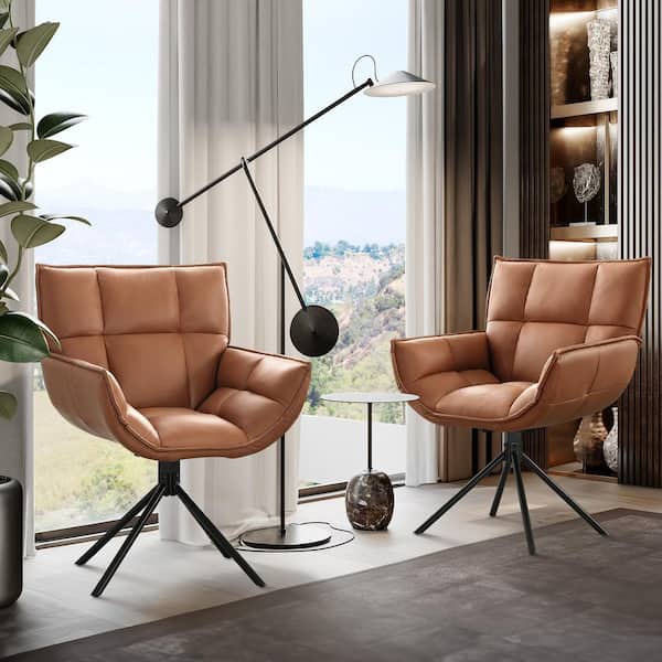 Light Brown Faux Leather Upholstered Swivel Accent Arm Chairs Home Office Chairs (Set of 2)