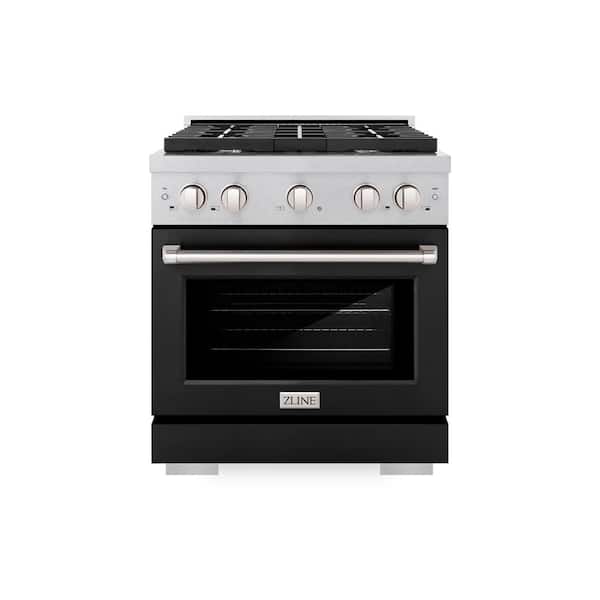 30 in. Paramount Dual Fuel Range with 4 Burners and Electric Convection Oven in Satin Steel with Black Matte Door