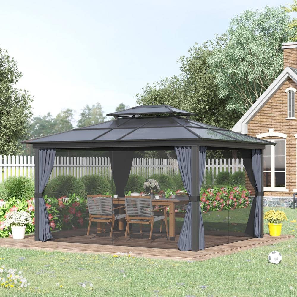 Black Aluminum Frame Hardtop Gazebo with Polycarbonate Canopy and Curtains