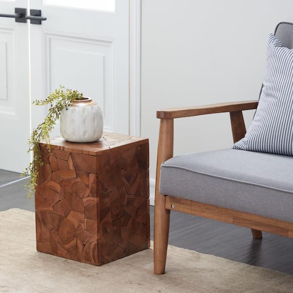 Litton Lane 12 in. Brown Handmade Medium Square Wood End Accent Table with Mosaic Wood Chip Design