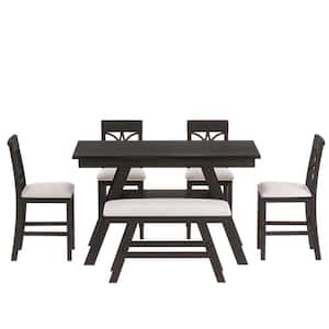 6-Piece Rectangular Espresso Wood Top Counter Height Dining Table Set with Storage Shelf Set Seats 6
