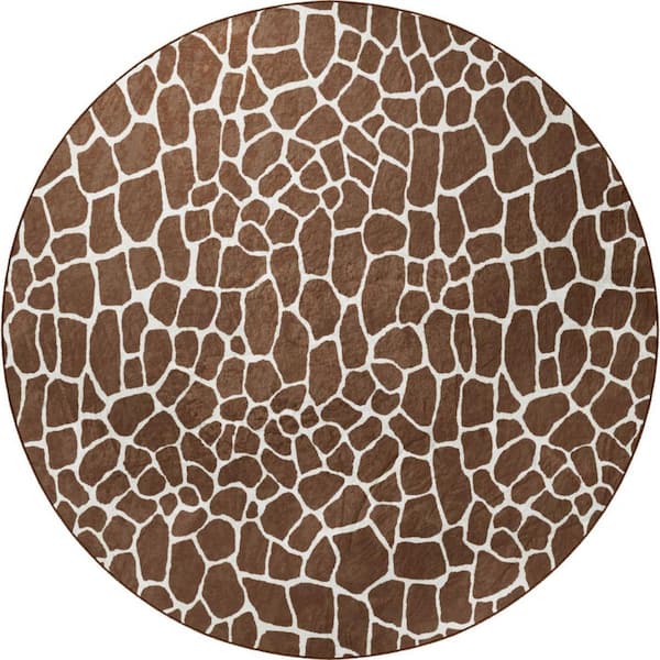 8 X 8 Brown, Ivory Animal Print Runner Rug