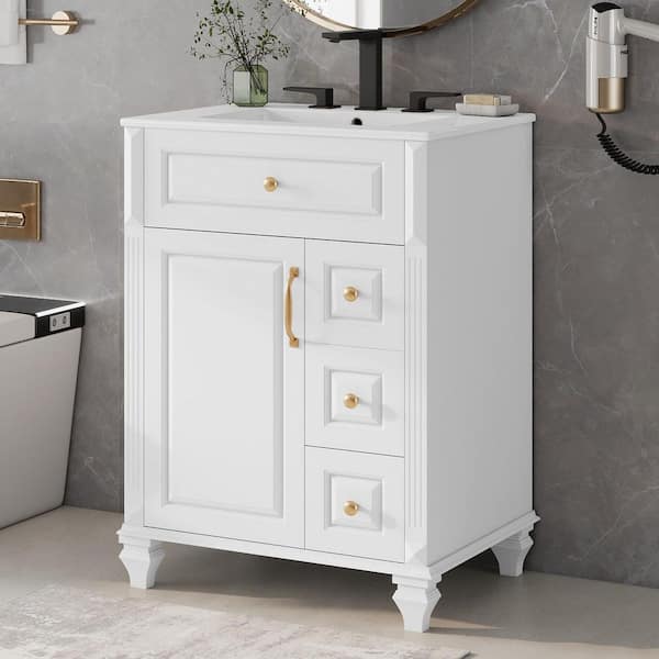 24 in. Modern Freestanding White Solid Wood Bath Vanity with White Ceramic Top, 3-Drawers and Soft-Close Door