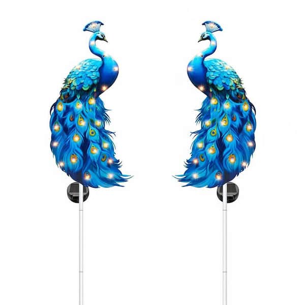 2-Pack 11.8 in. x 6 in. Solar Blue Peacock Metal Garden Stakes - Waterproof Outdoor Lights