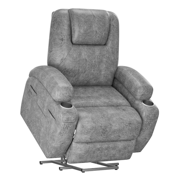 Power Lift Recliner Chair (Leathaire) with Massage for Elderly Ergonomic, Recliner with 2-Cup Holders Side Pockets, Grey