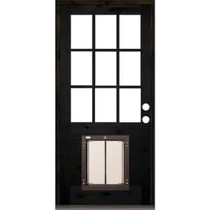 36 in. x 80 in. Left Hand 9-Lite Clear Glass Black Stained Wood Prehung Door with Large Dog Door