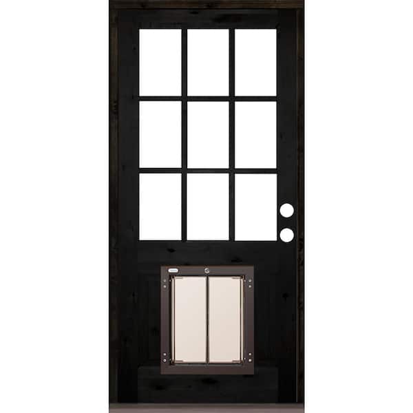 Krosswood Doors 36 in. x 80 in. Left Hand 9-Lite Clear Glass Black Stained Wood Prehung Door with Large Dog Door