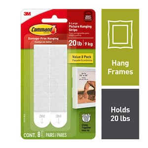 20 Lb XL Heavyweight Picture Hanging Strips, White, Damage Free Decorating, 8 Pair