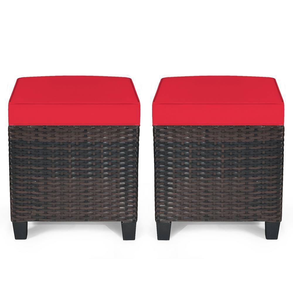Mix Brown Frame Wicker Outdoor Ottomans with Red Cushions (2-Pack)
