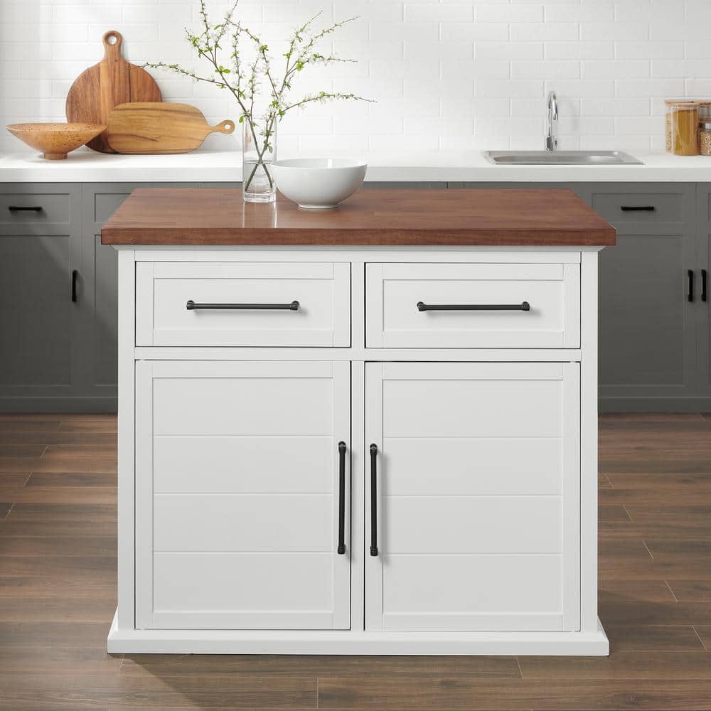 White and Walnut Wood Top Kitchen Island with Storage