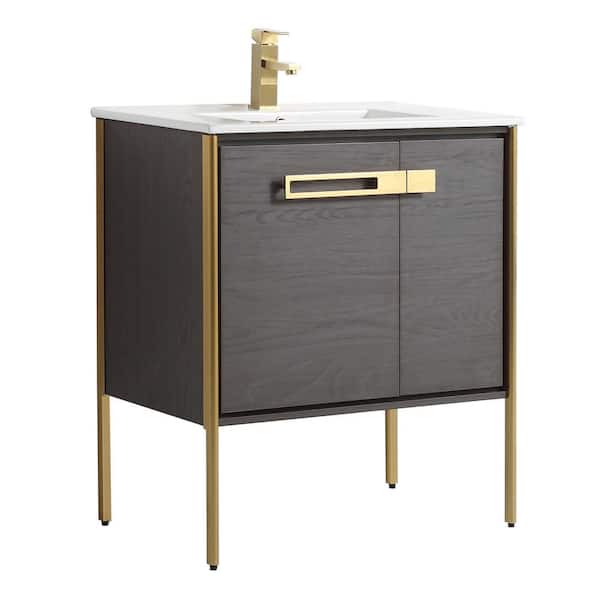 FINE FIXTURES Oakville 30 in. W x 18.32 in. D x 33.5 in. H Bath Vanity in Black Coal Oak with White Ceramic Top