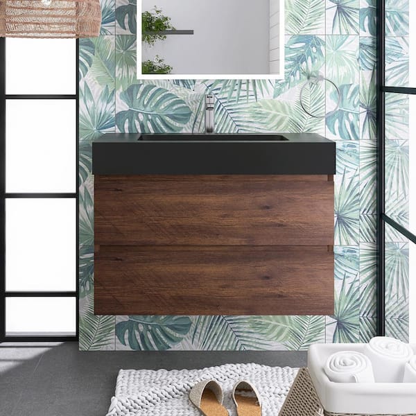 Staykiwi 36 in. W x 18.1 in. D x 25.2 in. H Single Sink Wall-Mounted Bath Vanity in Walnut with Black Solid Surface Top