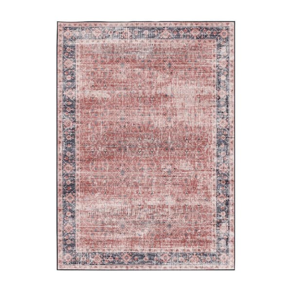Sylvan Moor Garnet Red 5 ft. x 7 ft. Traditional Bordered Machine Washable Non-Slip Area Rug