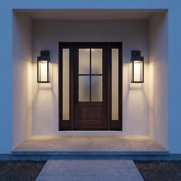 Sesha 8 in. W x 20 in. H LED Textured Black Hardwired Outdoor Wall Lantern Sconce with Clear/Etched White Glass
