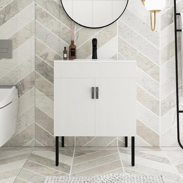 JimsMaison 24 in. W x 18 in. D x 23 in. H Single Sink Freestanding Bath Vanity in White with White Ceramic Top