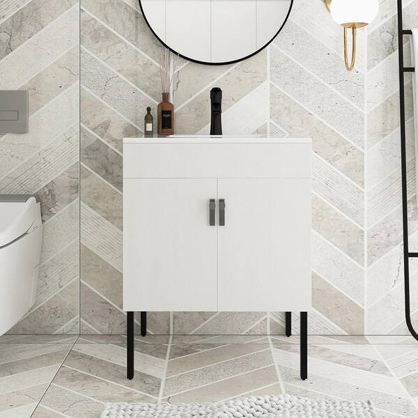 JimsMaison 24 in. W x 18 in. D x 32 in. H Single Sink Freestanding Bath Vanity in Black with White Ceramic Top