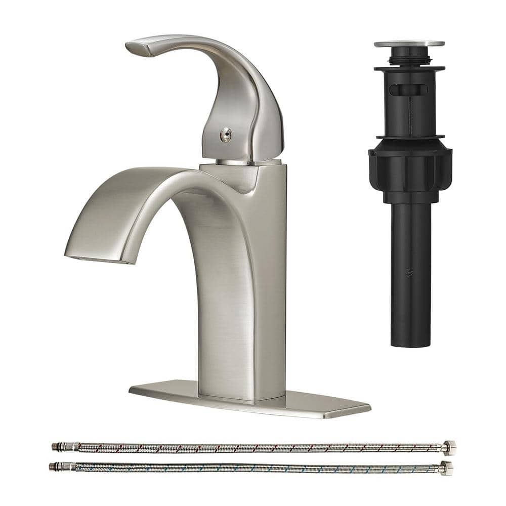 BESy Waterfall Single-Handle Single Hole High-Arc Bathroom Faucet with Pop Up Drain Assembly and Deckplate in Brushed Nickel