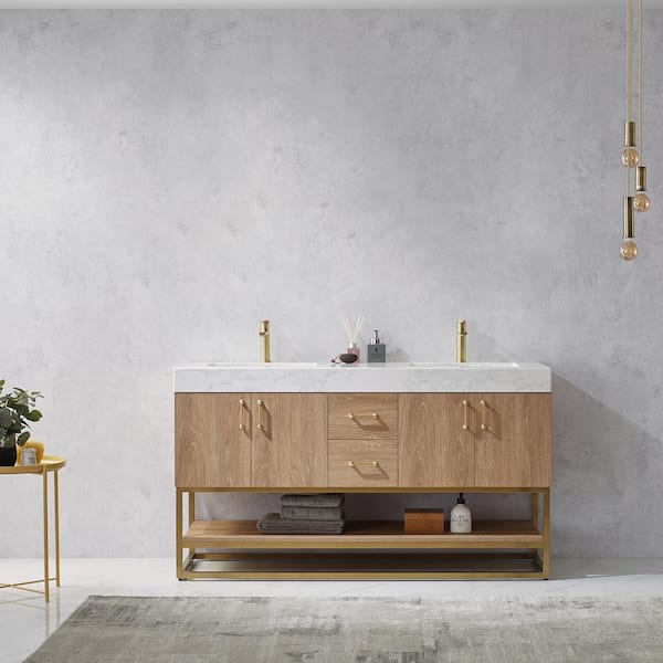 ROSWELL Alistair 60 in. Bath Vanity in North American Oak with Grain Stone Top in White with White Basin