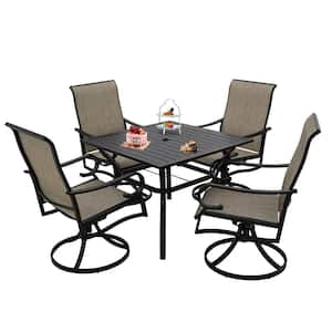 5-Piece Black Iron Patio Outdoor Dining Set, 4-Swivel Gray Textilene Chairs, Table with Umbrella Hole for Garden, Yard