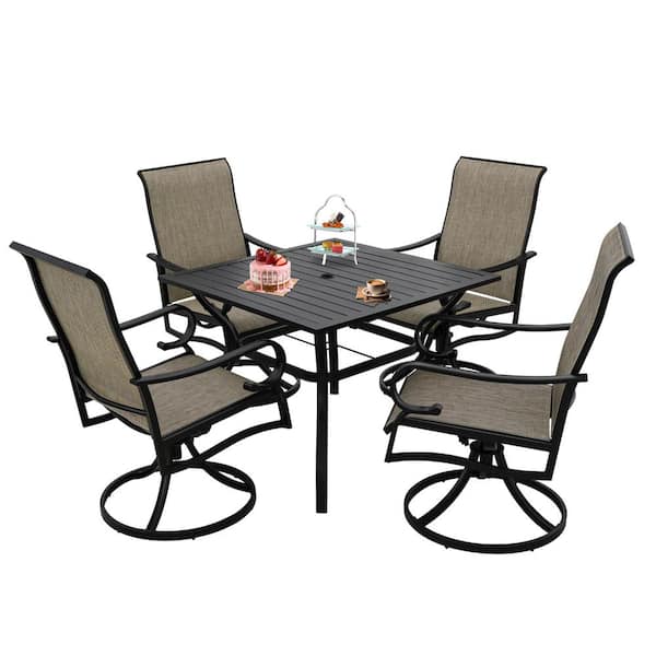 Zeus & Ruta 5-Piece Black Iron Patio Outdoor Dining Set, 4-Swivel Gray Textilene Chairs, Table with Umbrella Hole for Garden, Yard