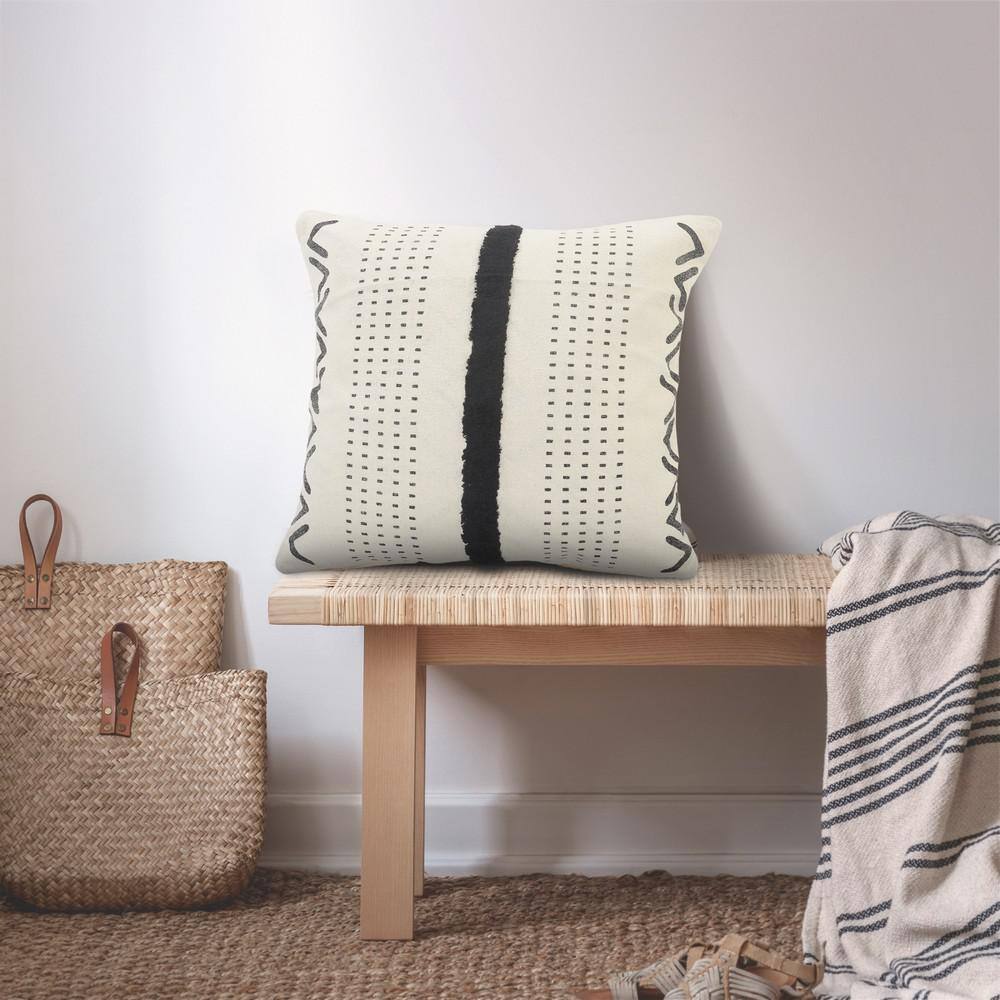 20" Black and Cream Cotton Tufted Throw Pillow
