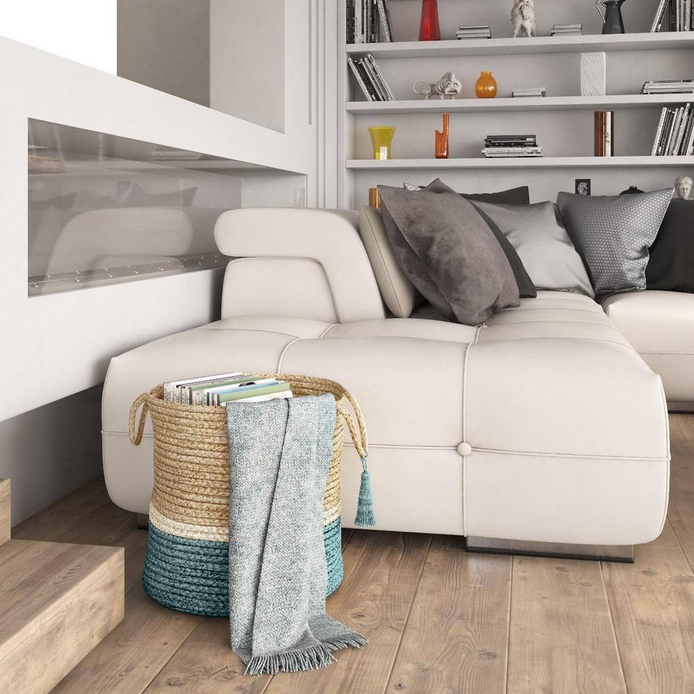 Handmade Round Jute Teal and Natural Storage Basket