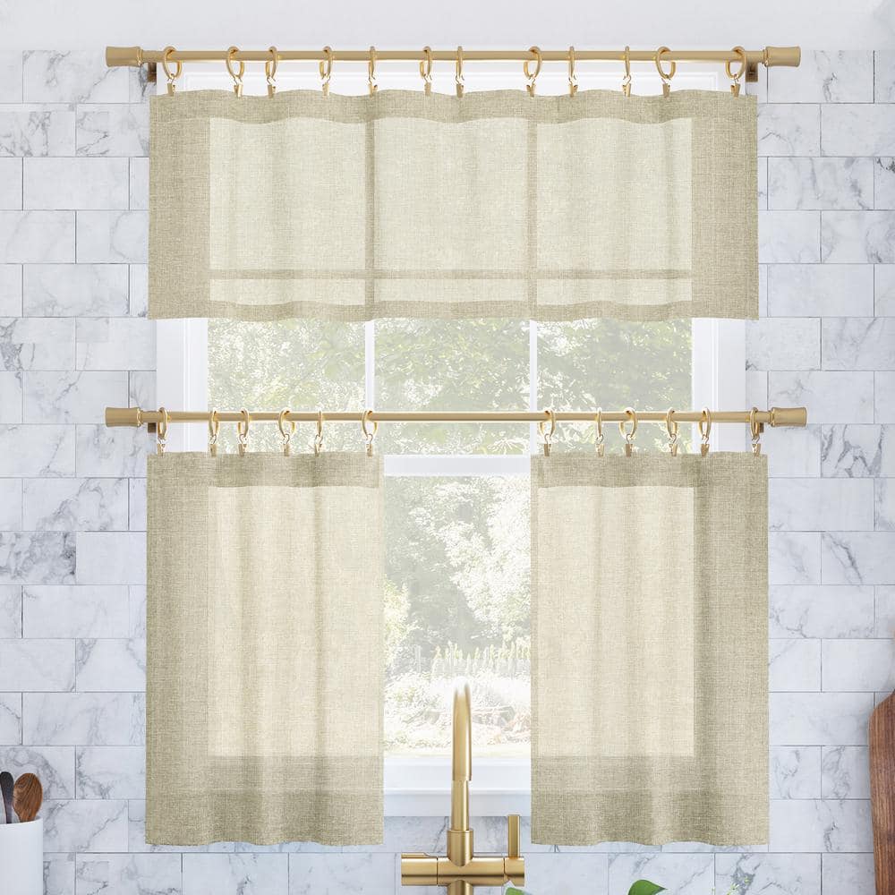 Linen Blend Sheer Cafe Curtain Pair, 56" x 24", Light Brown