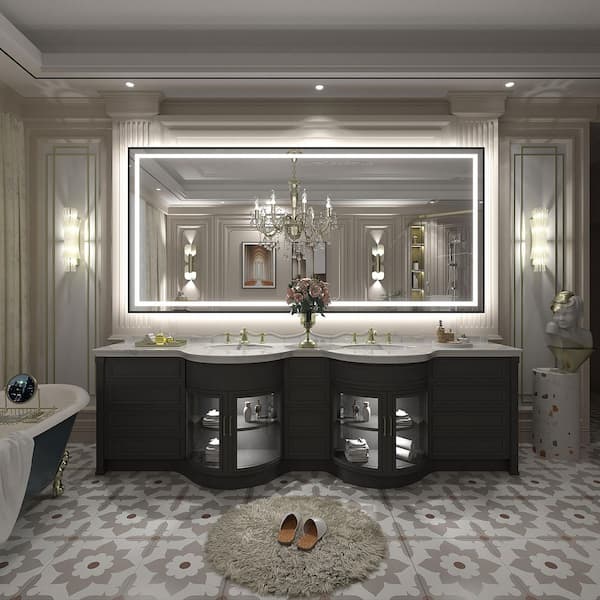 77 in. W x 36 in. H Rectangular Framed Front and Back LED Lighted Anti-Fog Wall Bathroom Vanity Mirror in Tempered Glass