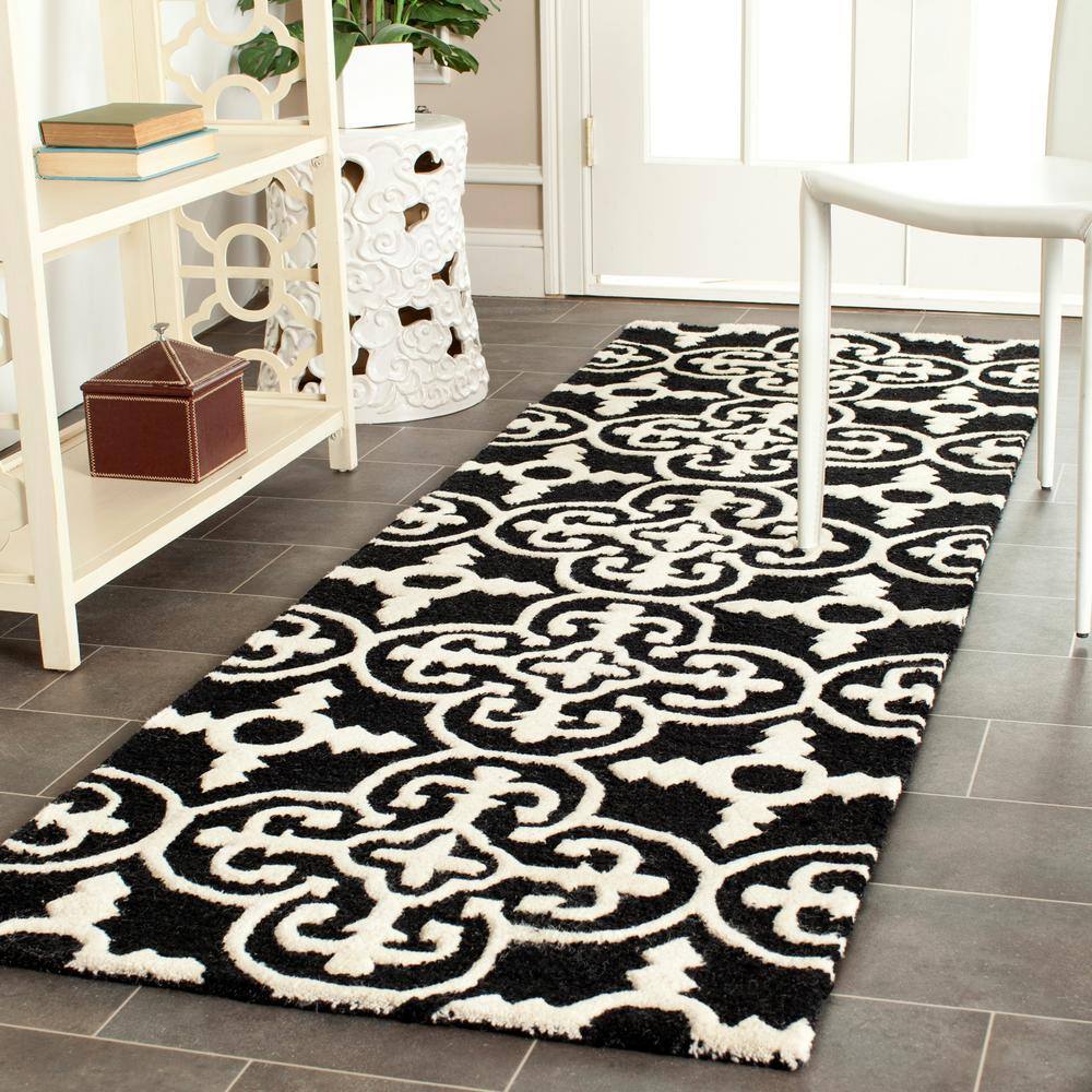 Black and Ivory Hand-Tufted Wool Geometric Runner Rug