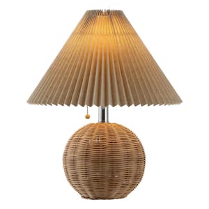 Aksel 17.25 in. Scandinavian Rattan/Iron Sphere LED TableLamp with Pleated Shade and PullChain Natural/Chrome/Dark Beige