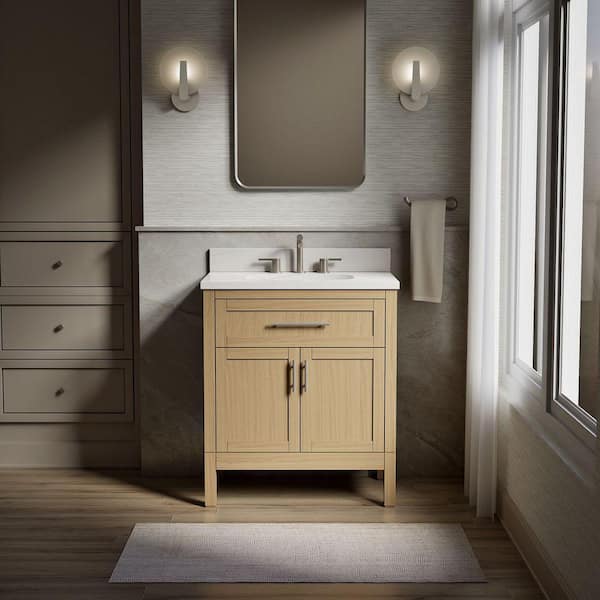 Hadron 31in. Single Sink Freestanding Light Oak Bath Vanity with White Quartz Top Assembled
