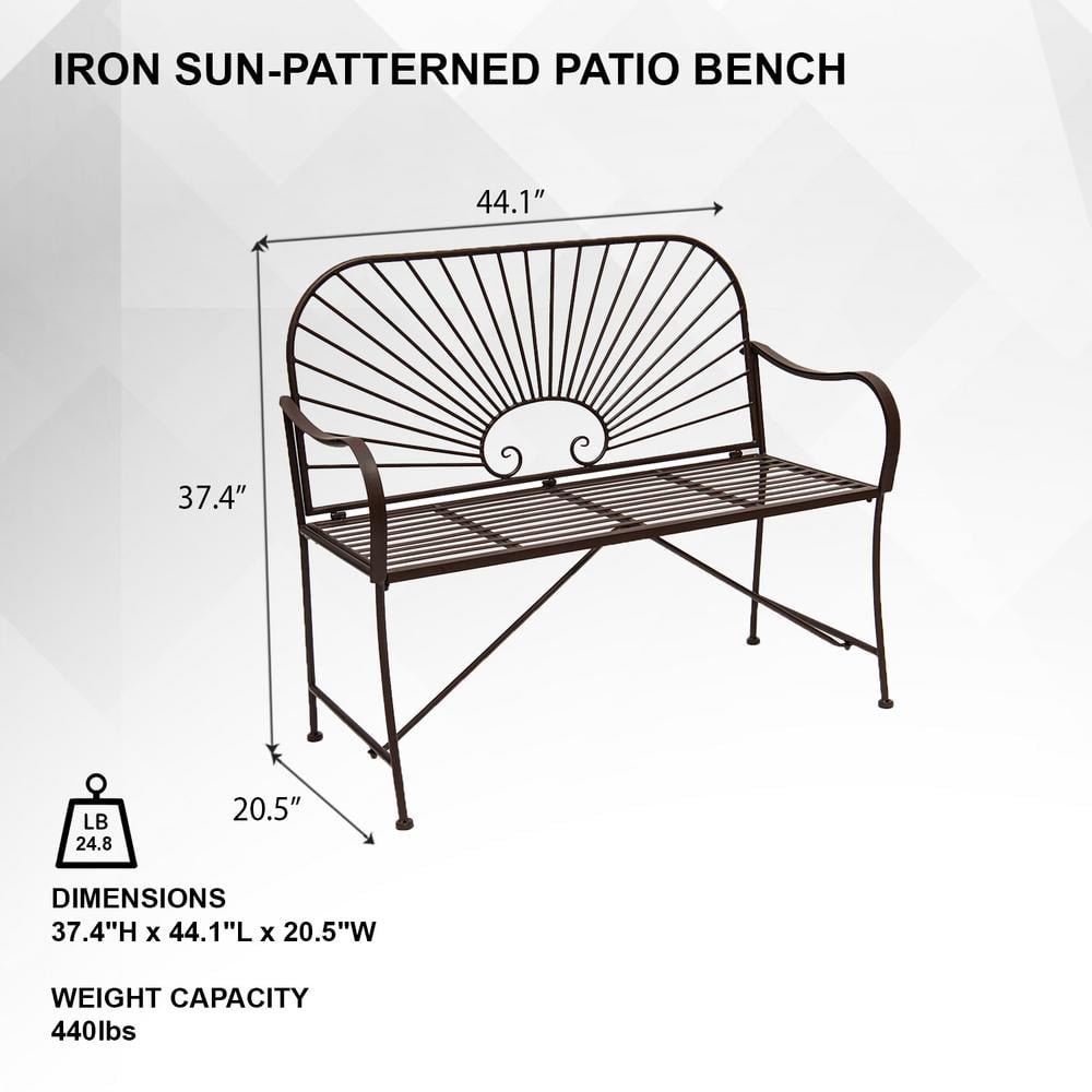 44-Inch Brown Iron Sun-Patterned Garden Bench