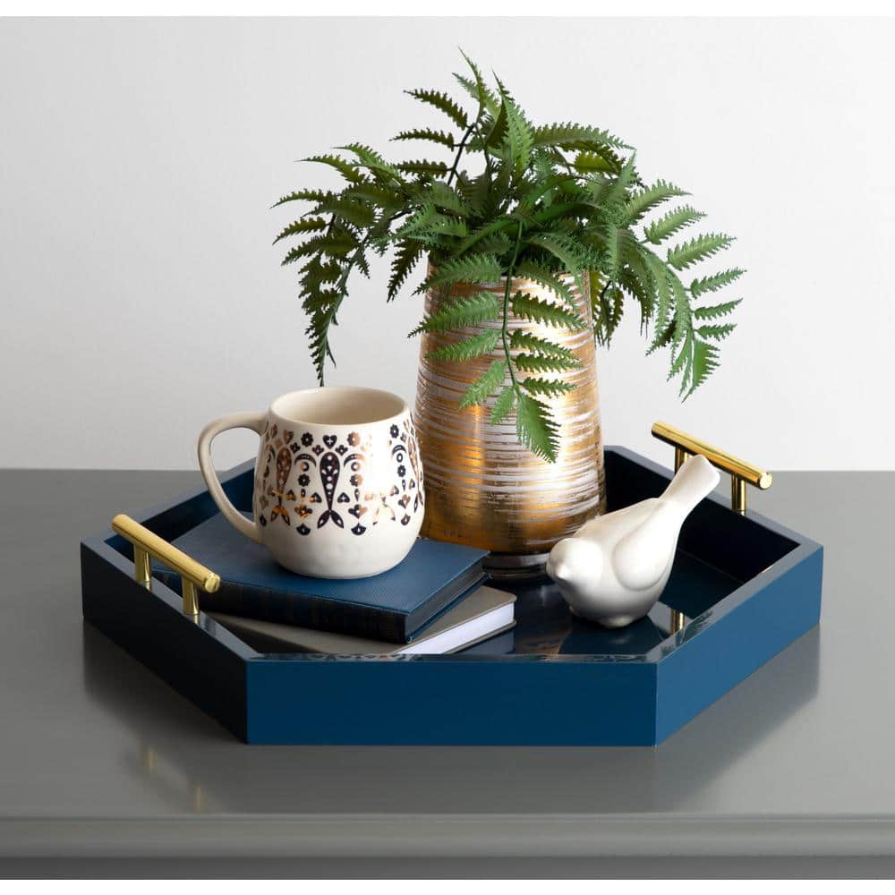 Navy Blue Rectangular Wood Accent Tray with Metal Handles
