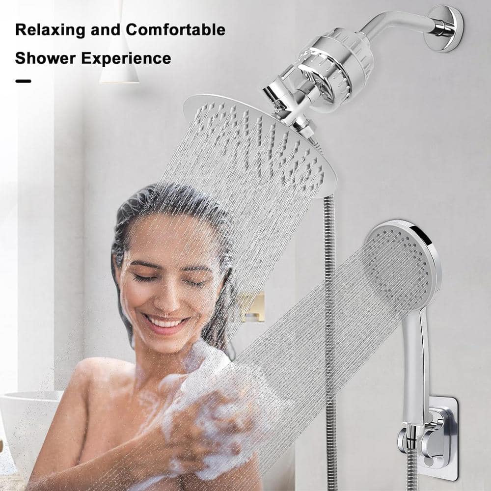 Chrome 8'' Rain Shower Head with 5-Settings Handheld Filter Combo