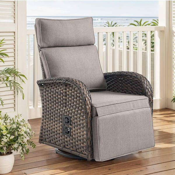 Brown 1-Piece Wicker Outdoor Recliner with Olefin Beige Cushions and Flat Armrests Patio Swivel Chairs
