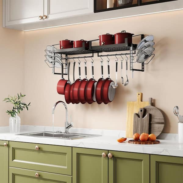 Black Wall Mounted Pot Rack Set of 2 with 12 Hooks, Towel Bar, and Pot Lid Organizer for Kitchen Cookware