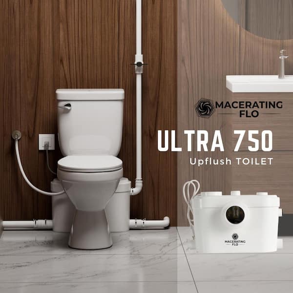 Macerating Toilet 750W Macerator Pump with White Round Upflush Toilet 2-Piece for Basement 1.6 GPF Single Flush