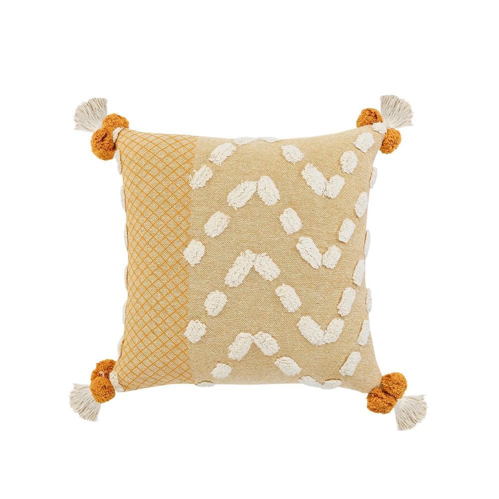 Zeal Orangish Yellow/Cream Geometric Trellis Tassels Pom-Pom Tufted Poly-fi