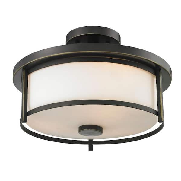 Unbranded Savannah 13.75 in. 2-Light Olde Bronze Semi-Flush Mount with Matte Opal Shade
