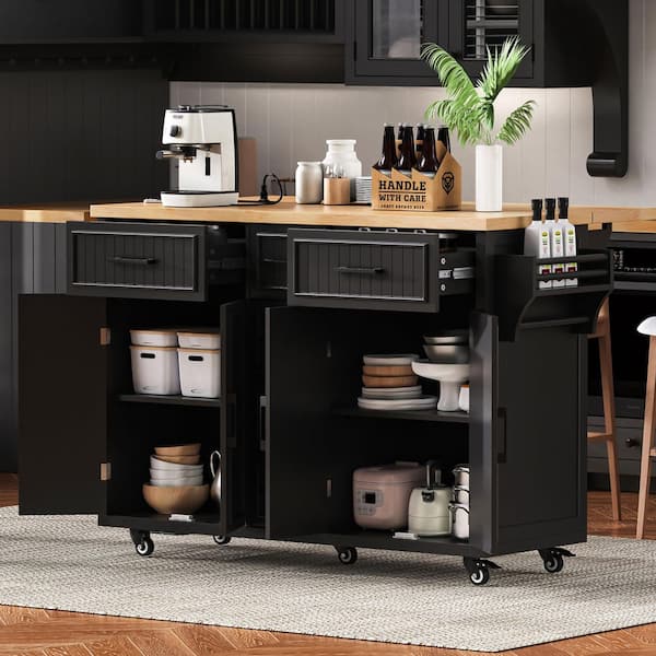 Black Kitchen Cart with Five Drawers and Adjustable Shelves