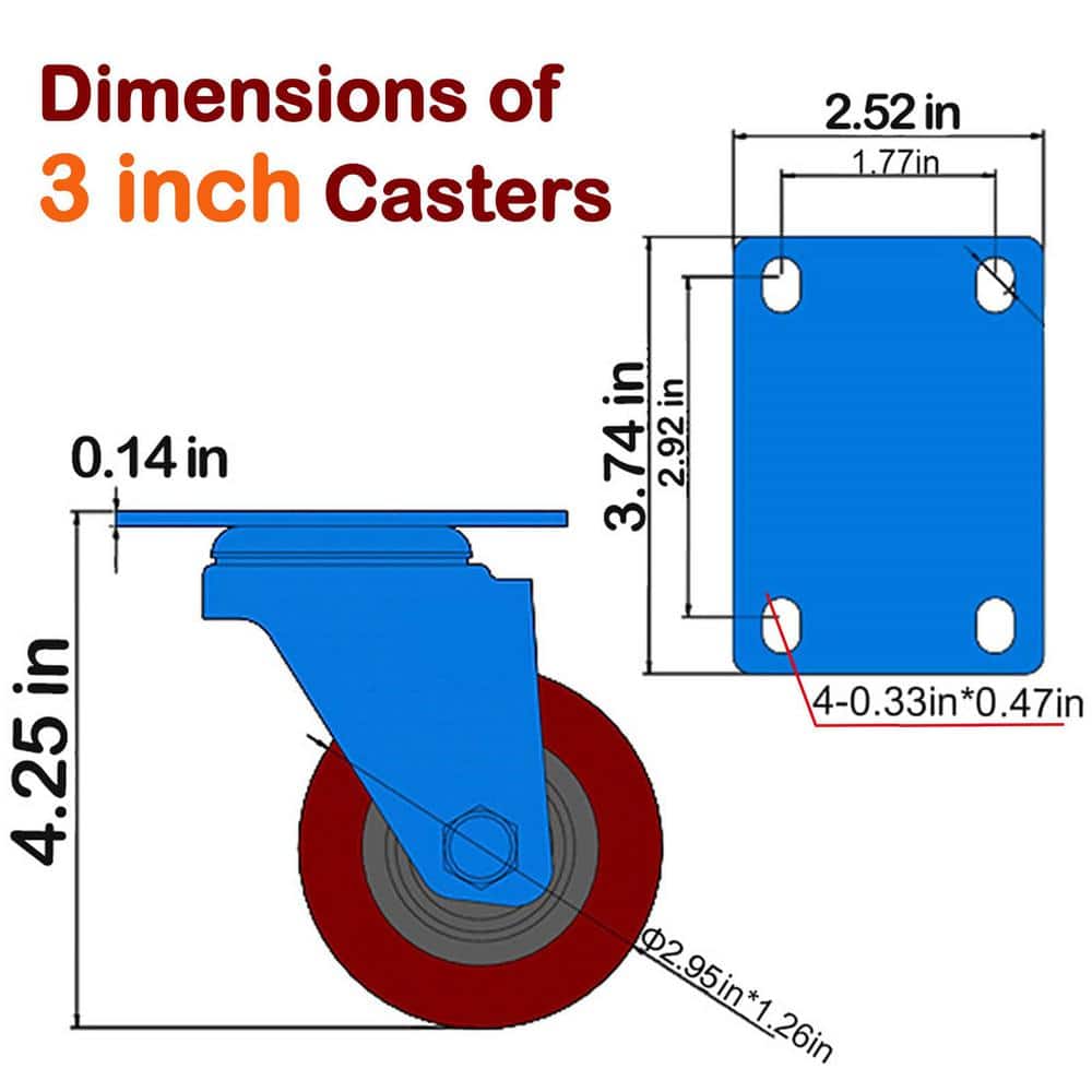 3 Inch Red Polyurethane Swivel Casters with Brakes, Set of 4