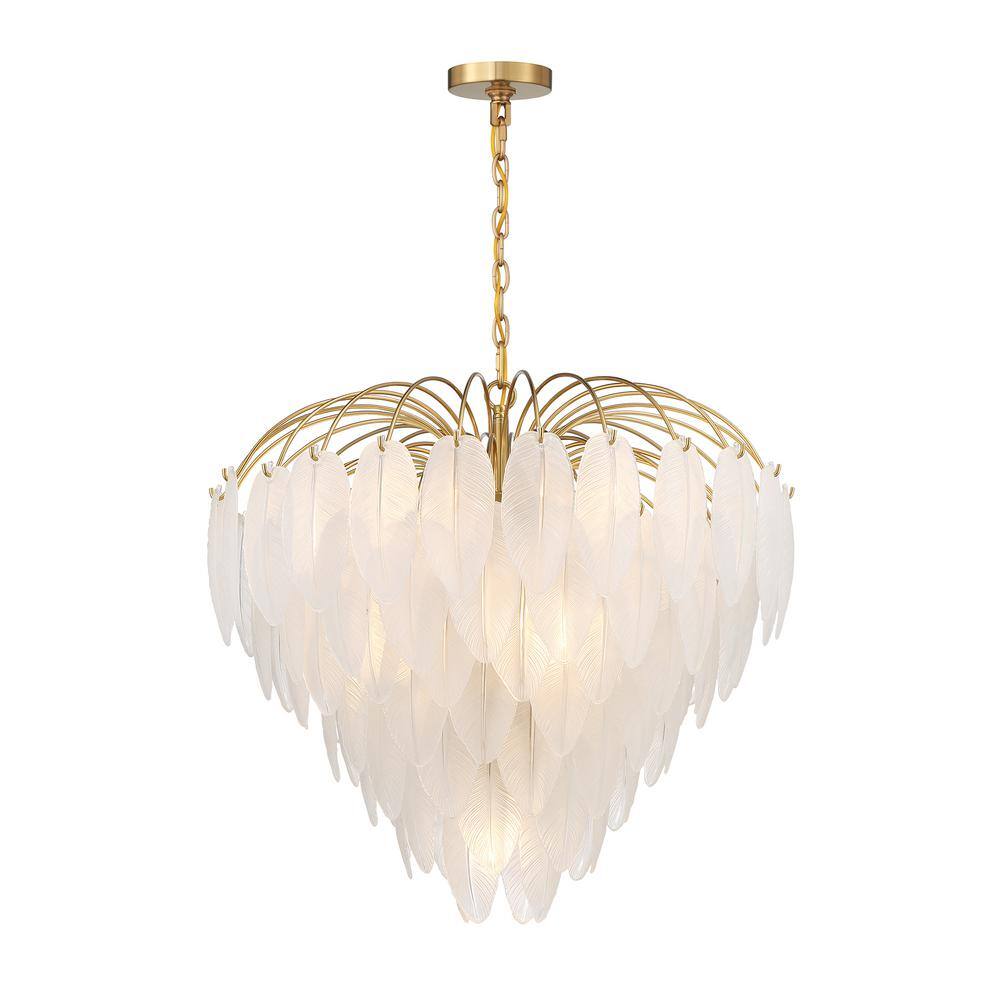 Luxurious Warm Brass 9-Light Chandelier with Frosted Glass Feathers