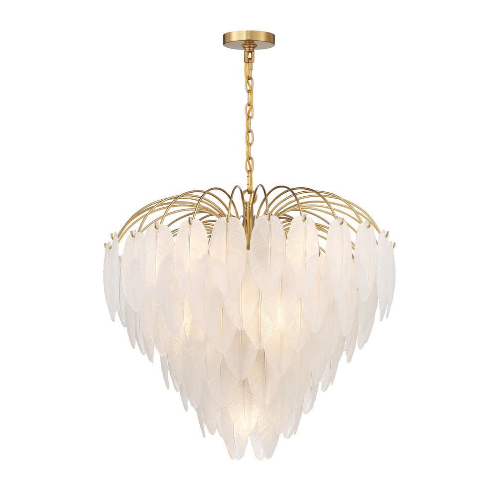 Luxurious Warm Brass 9-Light Chandelier with Frosted Glass Feathers