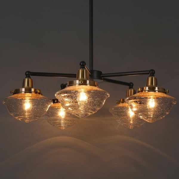 Zevni 22.5 in. 5-Light Brass-Plated Round Chandelier, Seeded Glass