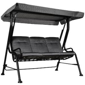 Black 3-Seat Outdoor Metal Patio Swing with Adjustable Canopy, Removable Thicken Cushion